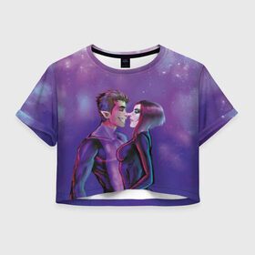 Женская футболка 3D укороченная с принтом Бистбой и Рэйвен в Петрозаводске, 100% полиэстер | круглая горловина, длина футболки до линии талии, рукава с отворотами | beast boy | teen titans | бистбой | любовь | рейвен | рэйвен | юные титаны