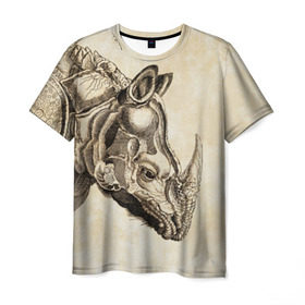 Мужская футболка 3D с принтом Носорог (гравюра Дюрера) в Петрозаводске, 100% полиэфир | прямой крой, круглый вырез горловины, длина до линии бедер | Тематика изображения на принте: rhinoceros | гравюра | индия | латы | млекопитающий | непарнокопытный | рог | холст | чешуя