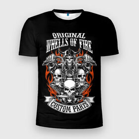 Мужская футболка 3D спортивная с принтом Whells of fire в Петрозаводске, 100% полиэстер с улучшенными характеристиками | приталенный силуэт, круглая горловина, широкие плечи, сужается к линии бедра | biker | death | emblem | fire | flame | hel | knife | logo | motorcycle | retro | sign | skeleton | skull | slogan | vintage | байкер | винтаж | девиз | детали | знак | каска | логотип | лозунг | мотоцикл | мотоциклист | надпись | нестандартные | нож | ог