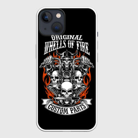 Чехол для iPhone 13 с принтом Whells of fire в Петрозаводске,  |  | biker | death | emblem | fire | flame | hel | knife | logo | motorcycle | retro | sign | skeleton | skull | slogan | vintage | байкер | винтаж | девиз | детали | знак | каска | логотип | лозунг | мотоцикл | мотоциклист | надпись | нестандартные | нож | ог