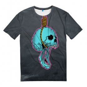 Мужская футболка 3D с принтом повешенный череп в Петрозаводске, 100% полиэфир | прямой крой, круглый вырез горловины, длина до линии бедер | horror | веревка | зубы | повешенный | скелет | удавка | удушение | ужасы | челюсть | череп