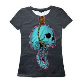 Женская футболка 3D с принтом повешенный череп в Петрозаводске, 100% полиэфир ( синтетическое хлопкоподобное полотно) | прямой крой, круглый вырез горловины, длина до линии бедер | horror | веревка | зубы | повешенный | скелет | удавка | удушение | ужасы | челюсть | череп