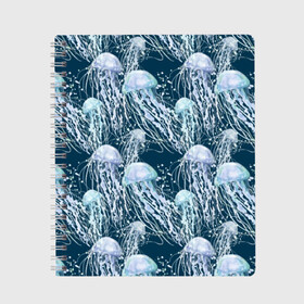 Тетрадь с принтом Медузы в Петрозаводске, 100% бумага | 48 листов, плотность листов — 60 г/м2, плотность картонной обложки — 250 г/м2. Листы скреплены сбоку удобной пружинной спиралью. Уголки страниц и обложки скругленные. Цвет линий — светло-серый
 | bubbles | cant | depth | dome | float | flock | jellyfish | long | mirror | sea | shimmer | tails | transparent | water | вода | глубина | длинные | зеркальное | косяк | купол | медузы | мерцание | море | плывут | прозрачные | пузыри | стая | хвосты