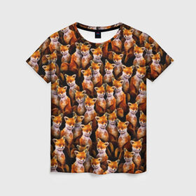 Женская футболка 3D с принтом Упоротые лисы в Петрозаводске, 100% полиэфир ( синтетическое хлопкоподобное полотно) | прямой крой, круглый вырез горловины, длина до линии бедер | fox | животные | лис | лиса | лисичка | мем | паттрен | рыжий | толпа | упортый | фыр фыр