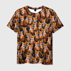 Мужская футболка 3D с принтом Упоротые лисы в Петрозаводске, 100% полиэфир | прямой крой, круглый вырез горловины, длина до линии бедер | fox | животные | лис | лиса | лисичка | мем | паттрен | рыжий | толпа | упортый | фыр фыр