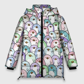 Женская зимняя куртка 3D с принтом Цветные Пингвинчики в Петрозаводске, верх — 100% полиэстер; подкладка — 100% полиэстер; утеплитель — 100% полиэстер | длина ниже бедра, силуэт Оверсайз. Есть воротник-стойка, отстегивающийся капюшон и ветрозащитная планка. 

Боковые карманы с листочкой на кнопках и внутренний карман на молнии | colors | cute | детский | лапочка | милый | мимими | паттерн | пингвин | северный полюс | стая | толпа