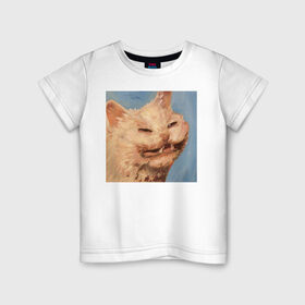Детская футболка хлопок с принтом МЕМ КОТ в Петрозаводске, 100% хлопок | круглый вырез горловины, полуприлегающий силуэт, длина до линии бедер | искусство | кот | кот мем | котомем | коты мемы | кошка | кошка мем | лицо | лицо кота | лицо кошки | мем | мем кот | мем кошка | нарисованный | перекосившиеся лицо | рисунок | рожа кота