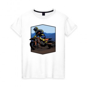 Женская футболка хлопок с принтом Мотоклист в Петрозаводске, 100% хлопок | прямой крой, круглый вырез горловины, длина до линии бедер, слегка спущенное плечо | moto | байк | байкер | мото | мото спорт | мотоспорт | мотоцикл | мотоциклист