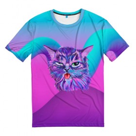 Мужская футболка 3D с принтом абстрактная кошка в Петрозаводске, 100% полиэфир | прямой крой, круглый вырез горловины, длина до линии бедер | 
