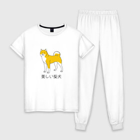 Женская пижама хлопок с принтом Shiba Dog в Петрозаводске, 100% хлопок | брюки и футболка прямого кроя, без карманов, на брюках мягкая резинка на поясе и по низу штанин | doge | иероглифы | китай | китайский | пес | сиба ину дож | собака | япония | японский