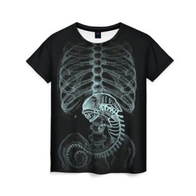 Женская футболка 3D с принтом Чужой на Рентгене в Петрозаводске, 100% полиэфир ( синтетическое хлопкоподобное полотно) | прямой крой, круглый вырез горловины, длина до линии бедер | alien | больница | больной | внутренний мир | врач | клиника | кости | пациент | ребра | рентген | скелет | снимок | хищник
