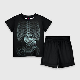 Детский костюм с шортами 3D с принтом Чужой на Рентгене в Петрозаводске,  |  | Тематика изображения на принте: alien | больница | больной | внутренний мир | врач | клиника | кости | пациент | ребра | рентген | скелет | снимок | хищник