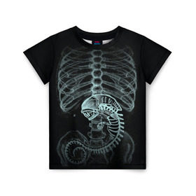 Детская футболка 3D с принтом Чужой на Рентгене в Петрозаводске, 100% гипоаллергенный полиэфир | прямой крой, круглый вырез горловины, длина до линии бедер, чуть спущенное плечо, ткань немного тянется | Тематика изображения на принте: alien | больница | больной | внутренний мир | врач | клиника | кости | пациент | ребра | рентген | скелет | снимок | хищник