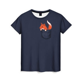 Женская футболка 3D с принтом Лисенок в Кармашке в Петрозаводске, 100% полиэфир ( синтетическое хлопкоподобное полотно) | прямой крой, круглый вырез горловины, длина до линии бедер | animal | fox | детский | карман | лапочка | лиса | милый | мимими | хороший