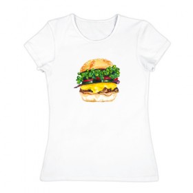 Женская футболка хлопок с принтом Акварельный Бургер в Петрозаводске, 100% хлопок | прямой крой, круглый вырез горловины, длина до линии бедер, слегка спущенное плечо | 