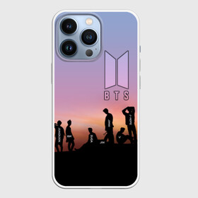 Чехол для iPhone 13 Pro с принтом BTS on the Sunset в Петрозаводске,  |  | Тематика изображения на принте: army | hip hop | j hope | jimin | jin | jungkook | k pop | rap | rm | suga | v | джей хоуп | джин | закат | контур | рм | рэп | силуэт | чи мин | чон гук | шуга