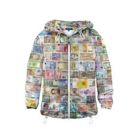 Детская ветровка 3D с принтом Деньги мира в Петрозаводске, 100% полиэстер | подол и капюшон оформлены резинкой с фиксаторами, по бокам два кармана без застежек, один потайной карман на груди | chf | eur | gbp | jpy | usd | баксы | банкноты | валюта | доллар | евро | купюры | паунд | рубль. | свисси | финансы | фунт стерлингов | швейцарский франк | японская йена