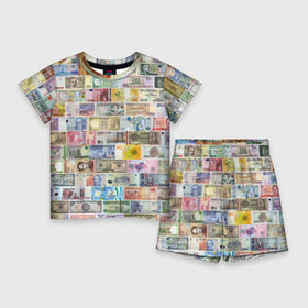 Детский костюм с шортами 3D с принтом Деньги мира в Петрозаводске,  |  | chf | eur | gbp | jpy | usd | баксы | банкноты | валюта | доллар | евро | купюры | паунд | рубль. | свисси | финансы | фунт стерлингов | швейцарский франк | японская йена