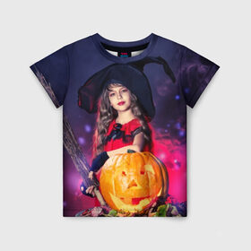 Детская футболка 3D с принтом Маленькая ведьма в Петрозаводске, 100% гипоаллергенный полиэфир | прямой крой, круглый вырез горловины, длина до линии бедер, чуть спущенное плечо, ткань немного тянется | beautiful | crimson | cute | dress | girl | gloves | hair | halloween | hat | holiday | little | long | night | pumpkin | red | smoke | witch | ведьма | волосы | д | девочка | держит | дым | красивая | красная | маленькая | малиновый | метла | милая | ноч