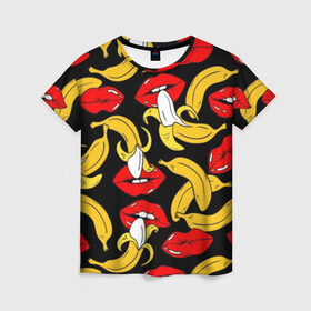 Женская футболка 3D с принтом Губы и бананы в Петрозаводске, 100% полиэфир ( синтетическое хлопкоподобное полотно) | прямой крой, круглый вырез горловины, длина до линии бедер | Тематика изображения на принте: background | bananas | black | drawing | erotic | food | fruit | lips | red | womens | бананы | губы | еда | женские | красные | рисунок | фон | фрукты | черный