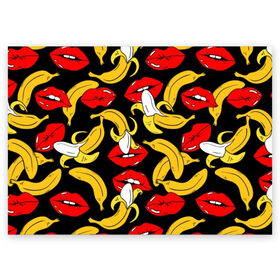 Поздравительная открытка с принтом Губы и бананы в Петрозаводске, 100% бумага | плотность бумаги 280 г/м2, матовая, на обратной стороне линовка и место для марки
 | Тематика изображения на принте: background | bananas | black | drawing | erotic | food | fruit | lips | red | womens | бананы | губы | еда | женские | красные | рисунок | фон | фрукты | черный