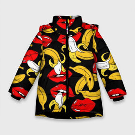 Зимняя куртка для девочек 3D с принтом Губы и бананы в Петрозаводске, ткань верха — 100% полиэстер; подклад — 100% полиэстер, утеплитель — 100% полиэстер. | длина ниже бедра, удлиненная спинка, воротник стойка и отстегивающийся капюшон. Есть боковые карманы с листочкой на кнопках, утяжки по низу изделия и внутренний карман на молнии. 

Предусмотрены светоотражающий принт на спинке, радужный светоотражающий элемент на пуллере молнии и на резинке для утяжки. | background | bananas | black | drawing | erotic | food | fruit | lips | red | womens | бананы | губы | еда | женские | красные | рисунок | фон | фрукты | черный