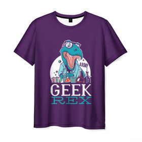 Мужская футболка 3D с принтом Geek Rex в Петрозаводске, 100% полиэфир | прямой крой, круглый вырез горловины, длина до линии бедер | geek | rex | дино | динозавр | рекс | ученый | физик | физика | химик | химия