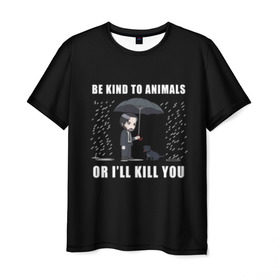 Мужская футболка 3D с принтом Be Kind to Animals в Петрозаводске, 100% полиэфир | прямой крой, круглый вырез горловины, длина до линии бедер | Тематика изображения на принте: be kind to animals | cinema | dog | dogs | john wick | keanu reeves | джон уик | животные | пес | собака
