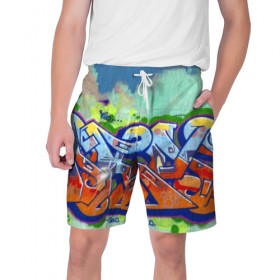 Мужские шорты 3D с принтом graffiti color в Петрозаводске,  полиэстер 100% | прямой крой, два кармана без застежек по бокам. Мягкая трикотажная резинка на поясе, внутри которой широкие завязки. Длина чуть выше колен | 