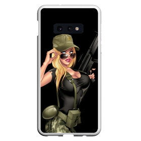 Чехол для Samsung S10E с принтом Sexy army girl в Петрозаводске, Силикон | Область печати: задняя сторона чехла, без боковых панелей | army | automatic | beautiful | big | black | blonde | body | camouflage | chest | cool | eyes | girl | holds | perfect | slim | uniform | weapon | автомат | армия | блондинка | большая | глаза | девушка | держит | идеальное | камуфляж | красивая