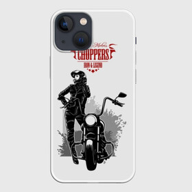 Чехол для iPhone 13 mini с принтом Choppers в Петрозаводске,  |  | beautiful | black | choppers | emblem | font | girl | helmet | inscription | leather | motorcycle | rider | spl | spots | stars | woman | young | брызги | девушка | женщина | звезды | кожа | комбинезон | красивая | молодая | мотоцикл | мотоциклистка | над