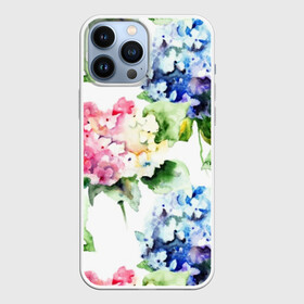 Чехол для iPhone 13 Pro Max с принтом Акварель, гортензии в Петрозаводске,  |  | art | blue | bouquet | flora | flowers | hydrangea | indoor | leaves | lilac | nature | painting | petals | pink | watercolor | акварель | букет | гортензии | живопись | искусство | комнатные | лепестки | листья | природа | розовые | синий | сиреневые | ф