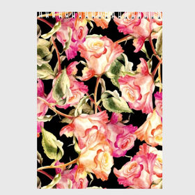 Скетчбук с принтом Розы в Петрозаводске, 100% бумага
 | 48 листов, плотность листов — 100 г/м2, плотность картонной обложки — 250 г/м2. Листы скреплены сверху удобной пружинной спиралью | art | background | black | flora | flowers | leaves | nature | painting | pattern | petals | pink | plants | red | roses | watercolor | акварель | живопись | искусство | красные | лепестки | листья | природа | растения | розовые | розы | узор | флора | фо