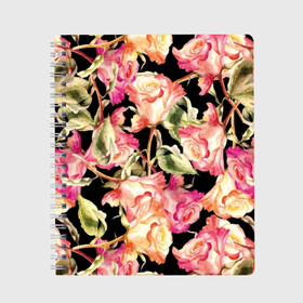 Тетрадь с принтом Розы в Петрозаводске, 100% бумага | 48 листов, плотность листов — 60 г/м2, плотность картонной обложки — 250 г/м2. Листы скреплены сбоку удобной пружинной спиралью. Уголки страниц и обложки скругленные. Цвет линий — светло-серый
 | art | background | black | flora | flowers | leaves | nature | painting | pattern | petals | pink | plants | red | roses | watercolor | акварель | живопись | искусство | красные | лепестки | листья | природа | растения | розовые | розы | узор | флора | фо