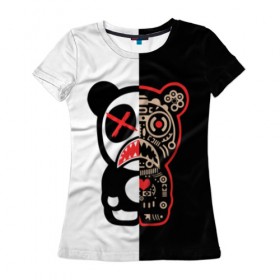 Женская футболка 3D с принтом Панда в Петрозаводске, 100% полиэфир ( синтетическое хлопкоподобное полотно) | прямой крой, круглый вырез горловины, длина до линии бедер | panda | streetwear | грустный | киборг | медведь | механизм | мода | разрез | улица | хип хоп