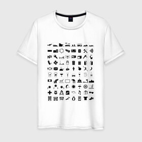 Мужская футболка хлопок с принтом 80 знаков для общения в Петрозаводске, 100% хлопок | прямой крой, круглый вырез горловины, длина до линии бедер, слегка спущенное плечо. | iconspeak | знание языков | объяснить на пальцах | пиктограммы значки travellers tshirt | понять иностранца | понять собеседника | путешествия | туризм | языковой барьер