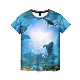 Женская футболка 3D с принтом Дельфины в Петрозаводске, 100% полиэфир ( синтетическое хлопкоподобное полотно) | прямой крой, круглый вырез горловины, длина до линии бедер | fish | аква | аквариум | вода | кораллы | море | океан | ракушки | рыбки | рыбы