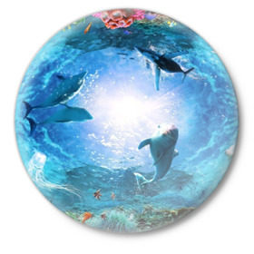 Значок с принтом Дельфины в Петрозаводске,  металл | круглая форма, металлическая застежка в виде булавки | Тематика изображения на принте: fish | аква | аквариум | вода | кораллы | море | океан | ракушки | рыбки | рыбы