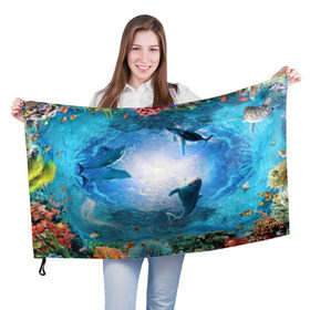 Флаг 3D с принтом Дельфины в Петрозаводске, 100% полиэстер | плотность ткани — 95 г/м2, размер — 67 х 109 см. Принт наносится с одной стороны | fish | аква | аквариум | вода | кораллы | море | океан | ракушки | рыбки | рыбы