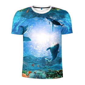 Мужская футболка 3D спортивная с принтом Дельфины в Петрозаводске, 100% полиэстер с улучшенными характеристиками | приталенный силуэт, круглая горловина, широкие плечи, сужается к линии бедра | fish | аква | аквариум | вода | кораллы | море | океан | ракушки | рыбки | рыбы