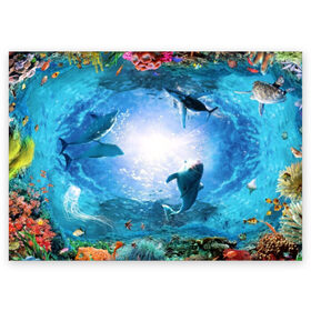 Поздравительная открытка с принтом Дельфины в Петрозаводске, 100% бумага | плотность бумаги 280 г/м2, матовая, на обратной стороне линовка и место для марки
 | fish | аква | аквариум | вода | кораллы | море | океан | ракушки | рыбки | рыбы