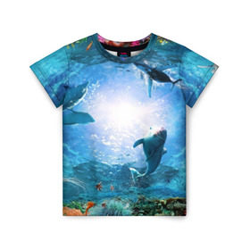 Детская футболка 3D с принтом Дельфины в Петрозаводске, 100% гипоаллергенный полиэфир | прямой крой, круглый вырез горловины, длина до линии бедер, чуть спущенное плечо, ткань немного тянется | fish | аква | аквариум | вода | кораллы | море | океан | ракушки | рыбки | рыбы
