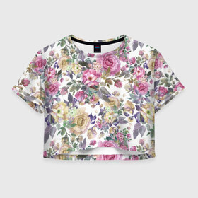 Женская футболка Cropp-top с принтом Розы в Петрозаводске, 100% полиэстер | круглая горловина, длина футболки до линии талии, рукава с отворотами | розы