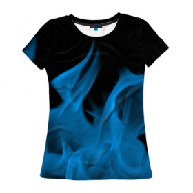 Женская футболка 3D с принтом Синий огонь в Петрозаводске, 100% полиэфир ( синтетическое хлопкоподобное полотно) | прямой крой, круглый вырез горловины, длина до линии бедер | fire | flame | in fire | smoke | в огне | дым | огненный | огонь | текстуры