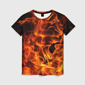 Женская футболка 3D с принтом огонь в Петрозаводске, 100% полиэфир ( синтетическое хлопкоподобное полотно) | прямой крой, круглый вырез горловины, длина до линии бедер | fire | flame | in fire | smoke | в огне | дым | огненный | огонь | текстуры
