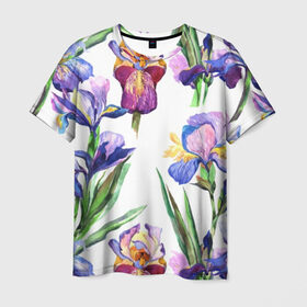 Мужская футболка 3D с принтом Ирисы в Петрозаводске, 100% полиэфир | прямой крой, круглый вырез горловины, длина до линии бедер | Тематика изображения на принте: акварель | мода | стиль | цветочки | цветы