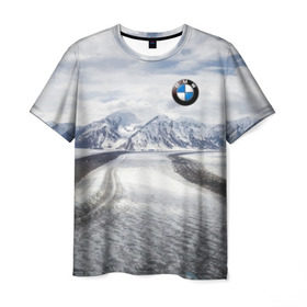 Мужская футболка 3D с принтом BMW в Петрозаводске, 100% полиэфир | прямой крой, круглый вырез горловины, длина до линии бедер | bmw | clouds | ice | mountains | prestige | road | sky | snow | бмв | горы | дорога | лед | небо | облака | престиж | снег