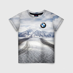 Детская футболка 3D с принтом BMW в Петрозаводске, 100% гипоаллергенный полиэфир | прямой крой, круглый вырез горловины, длина до линии бедер, чуть спущенное плечо, ткань немного тянется | bmw | clouds | ice | mountains | prestige | road | sky | snow | бмв | горы | дорога | лед | небо | облака | престиж | снег