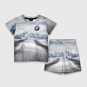 Детский костюм с шортами 3D с принтом BMW в Петрозаводске,  |  | bmw | clouds | ice | mountains | prestige | road | sky | snow | бмв | горы | дорога | лед | небо | облака | престиж | снег