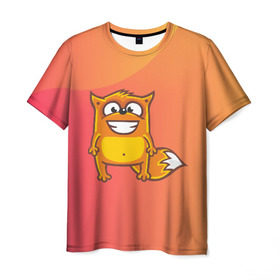 Мужская футболка 3D с принтом Довольная лиса в Петрозаводске, 100% полиэфир | прямой крой, круглый вырез горловины, длина до линии бедер | Тематика изображения на принте: fox | foxed | арт | лис | лиса | лисенок | лисичка | пушистик | рыжая | рыжмй хвост